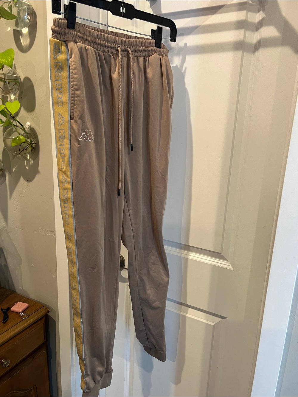 Kappa Beige Sweatpants with Yellow Side Stripe
